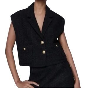 ZARA Black Sleeveless Blazer Vest Textured Cropped Work Business S‎ Relaxed Fit